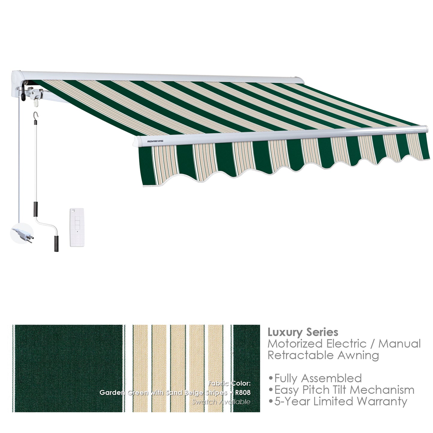 Luxury Series
Motorized Electric / Manual Retractable Awning R808