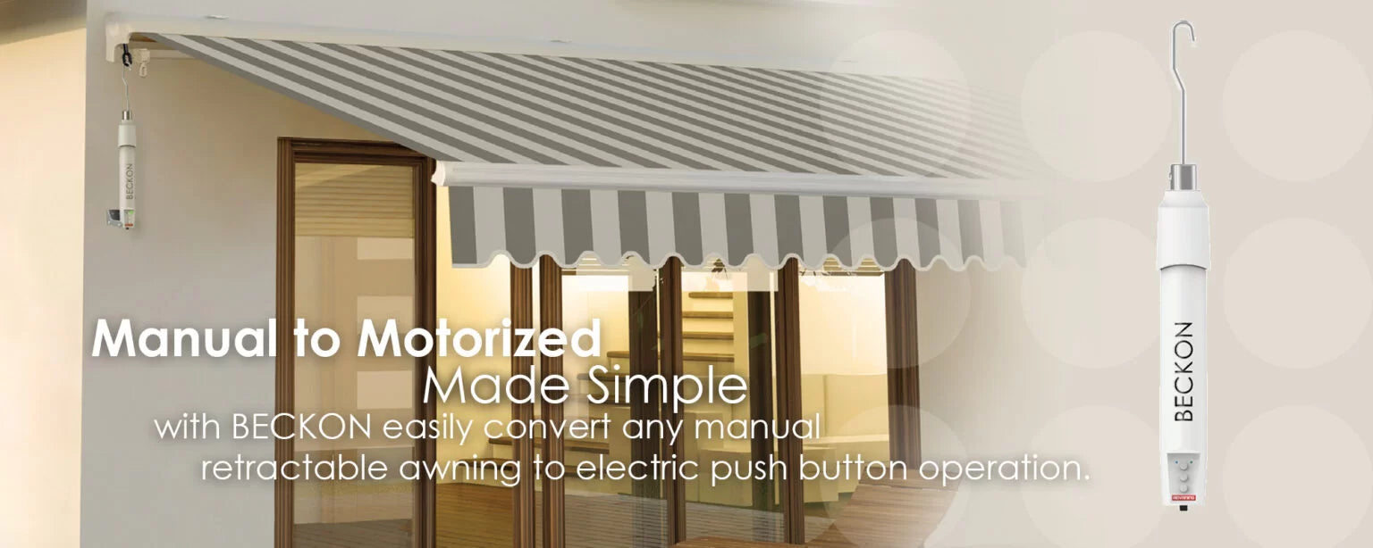 Retractable awning with BECKON motor conversion system on a neutral background