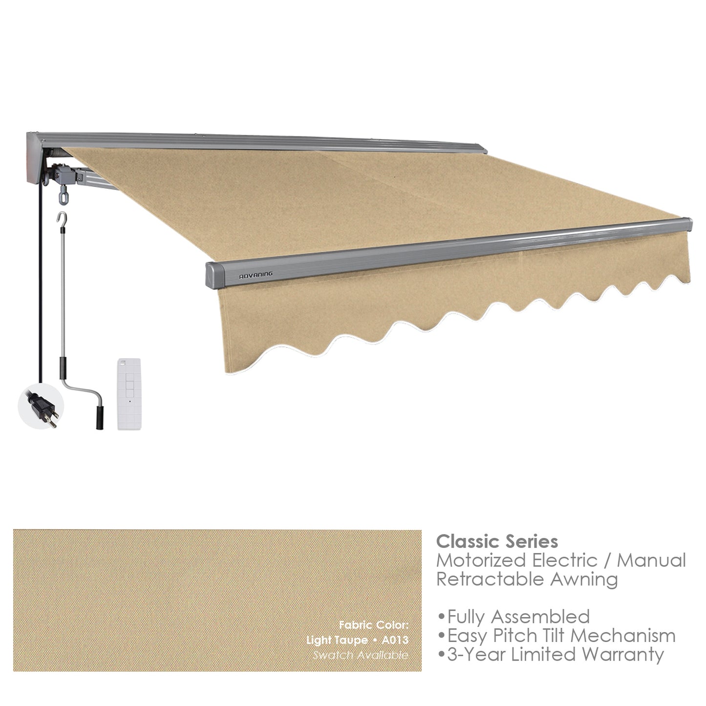 Classic A013 Light Taupe retractable awning with motorized electric/manual options on a white background