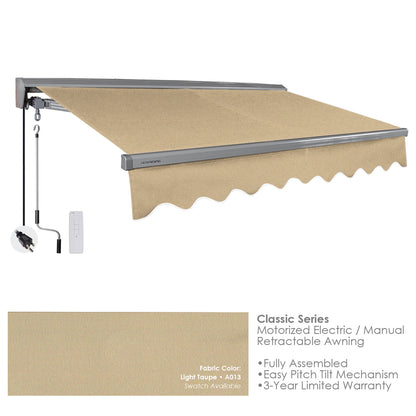 Classic A013 Light Taupe retractable awning with motorized electric/manual options on a white background