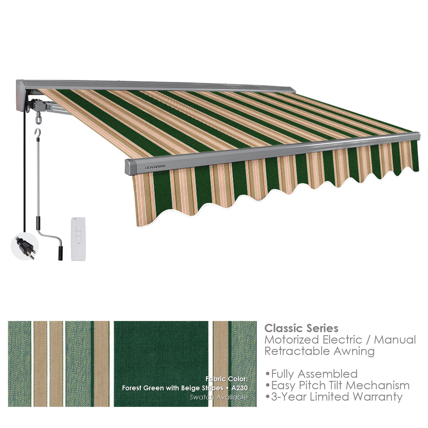 Classic Forest Green Beige Stripes A230 Motorized Electric Retractable Awning
