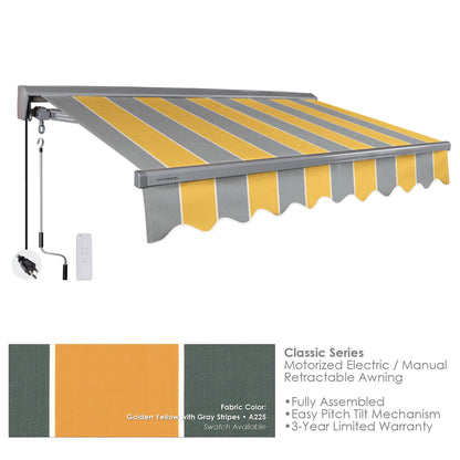 A225 Retractable awning with yellow and gray stripes on a white background