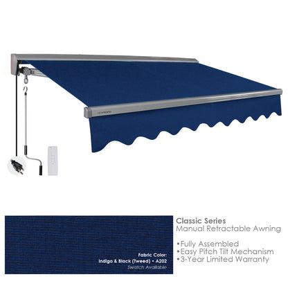 Classic Indigo Black A202 retractable awning with metal frame on a white background