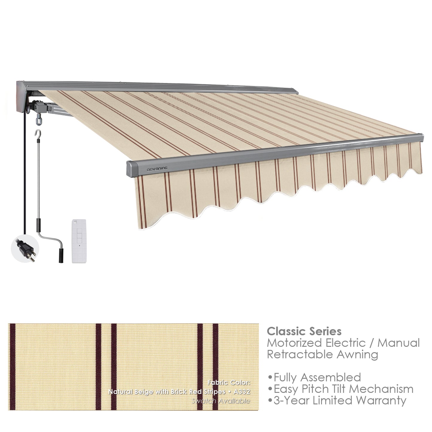Classic Natural Beige Brick Red Stripes A332 Retractable awning on a white background
