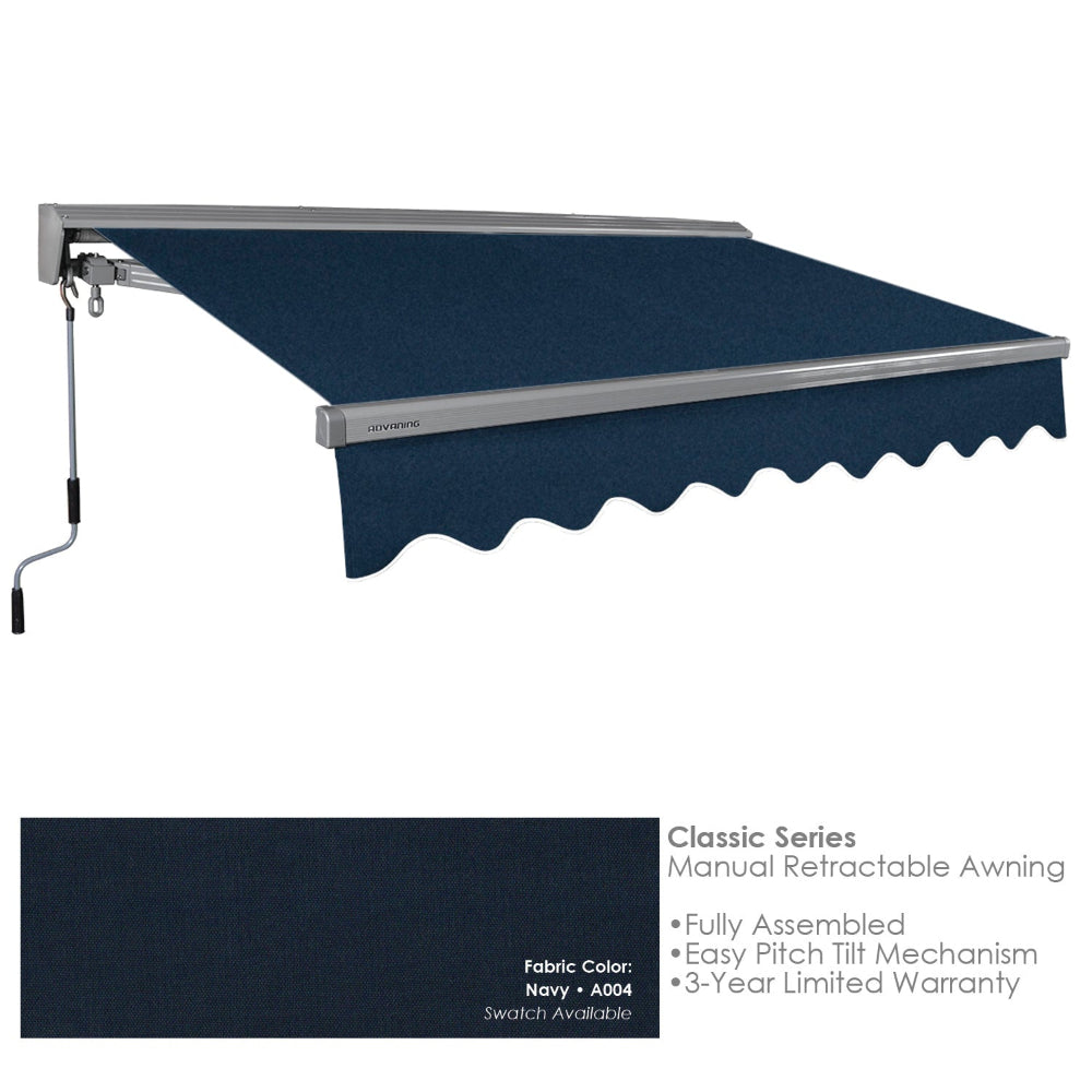 Navy A004 retractable awning with metal frame on a white background