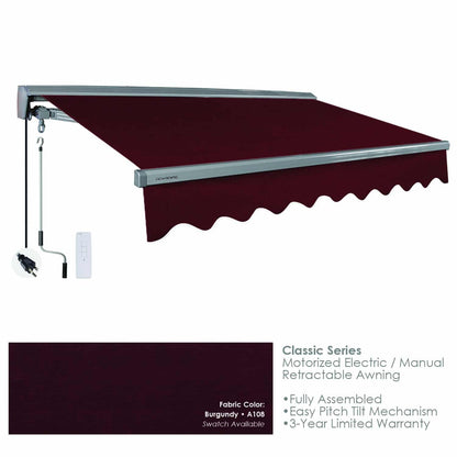 A108 Burgundy retractable awning with motorized electric/manual options on a white background