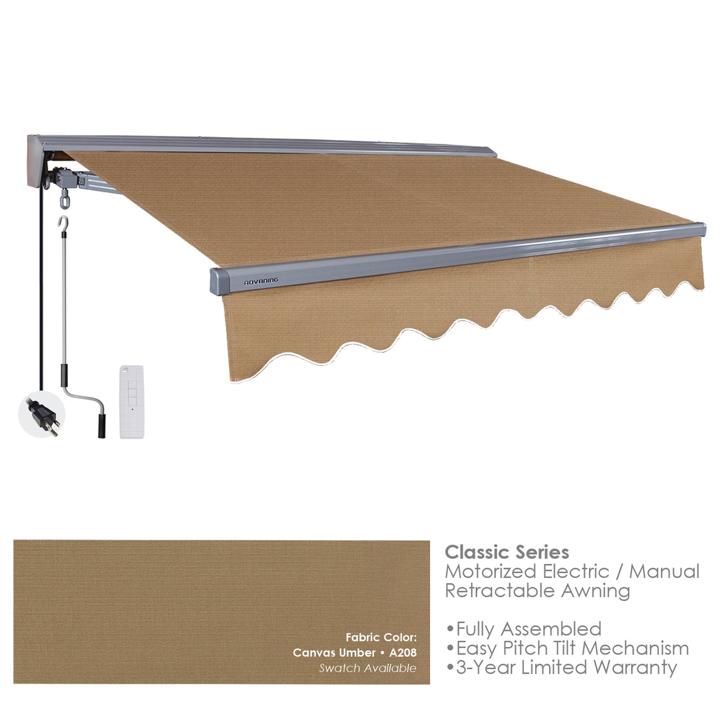 A208 Canvas Umber Retractable awning with brown fabric on a white background