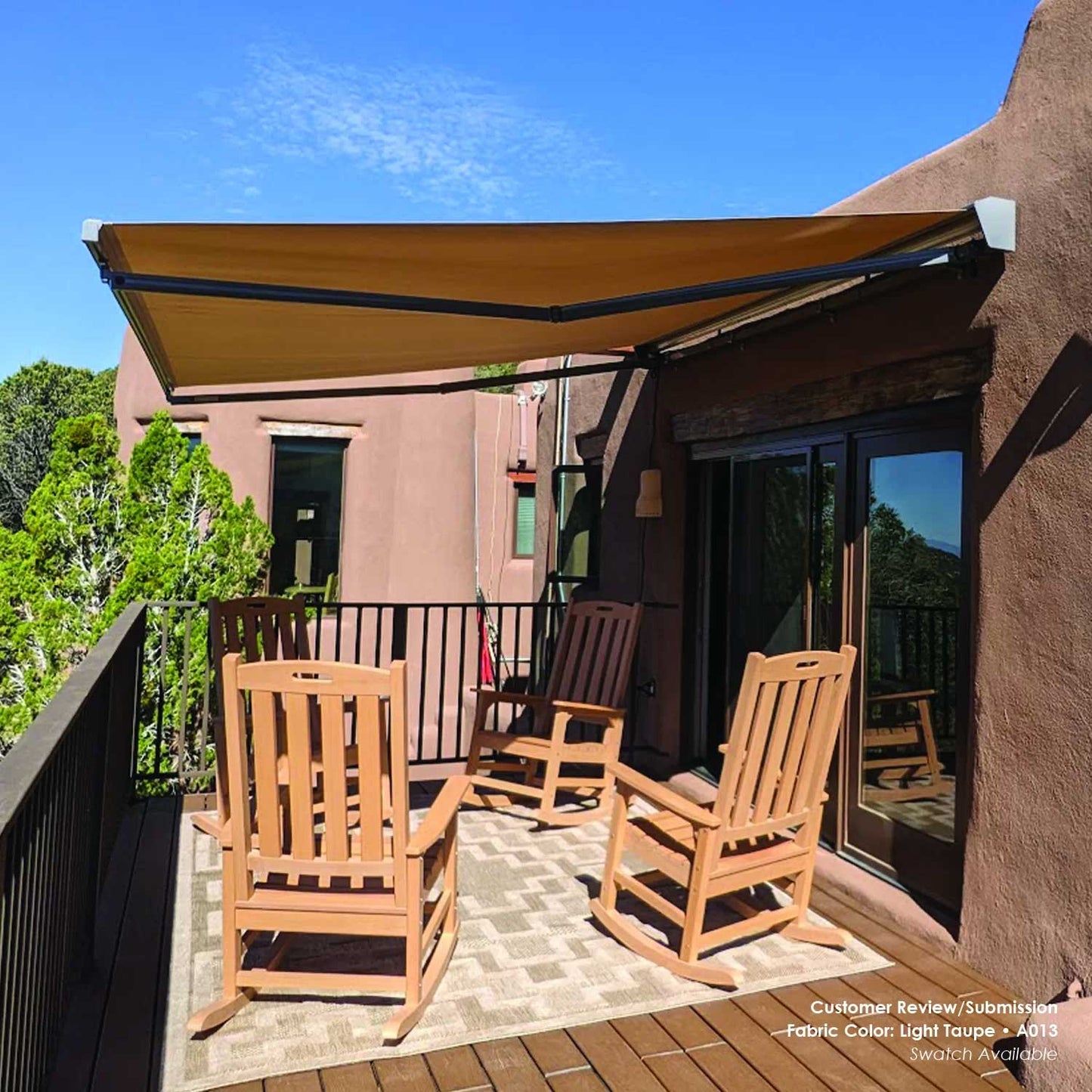 Outdoor patio with wooden chairs under A013 retractable awning on a sunny day.