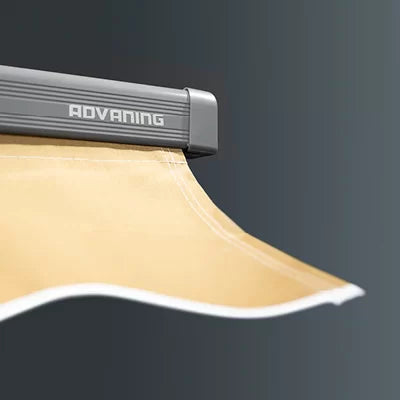 Close-up of a awning with 'Advaning' branding on a dark background