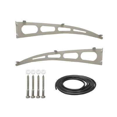 Metal brackets with screws and cable on a white background