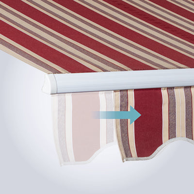 Striped awning with a white support rod on a white background