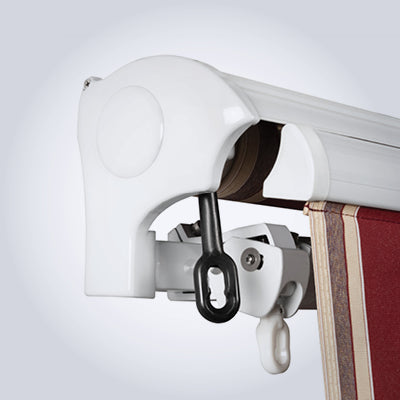 White curtain rod holder with a black hook on a white background