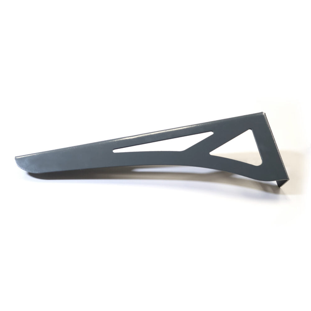Black metal bracket with cut-out design on a white background