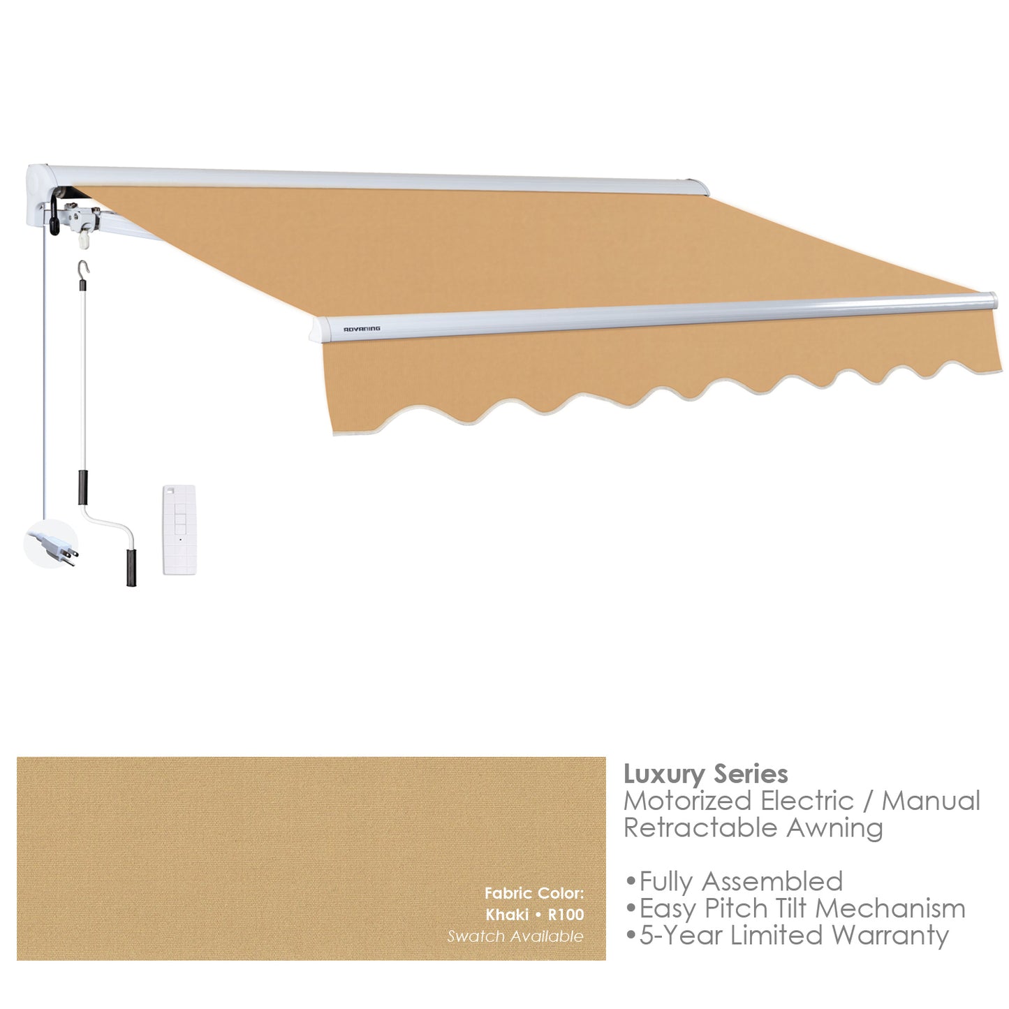 R100 Khaki Retractable awning with beige fabric on a white background