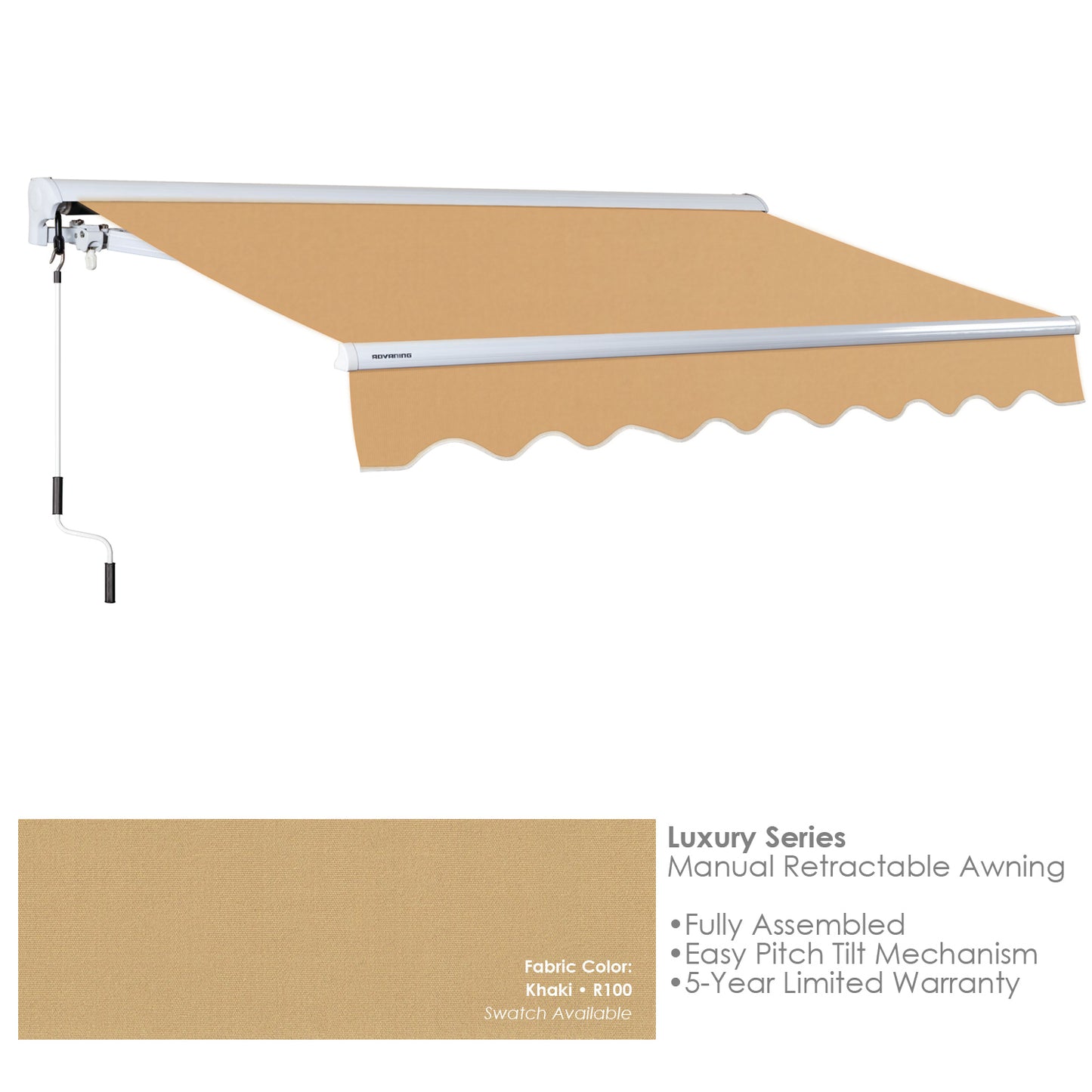 R100 Khaki Retractable awning with beige fabric on a white background