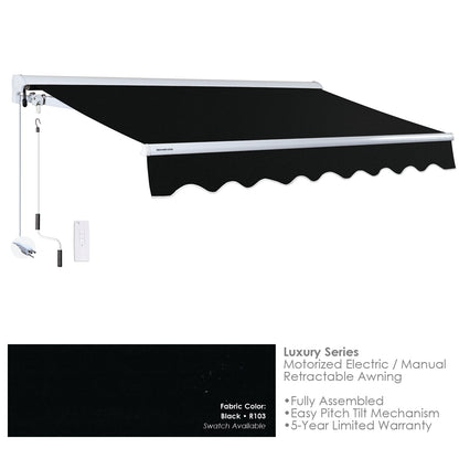 R103 Black retractable awning with white frame on a white background