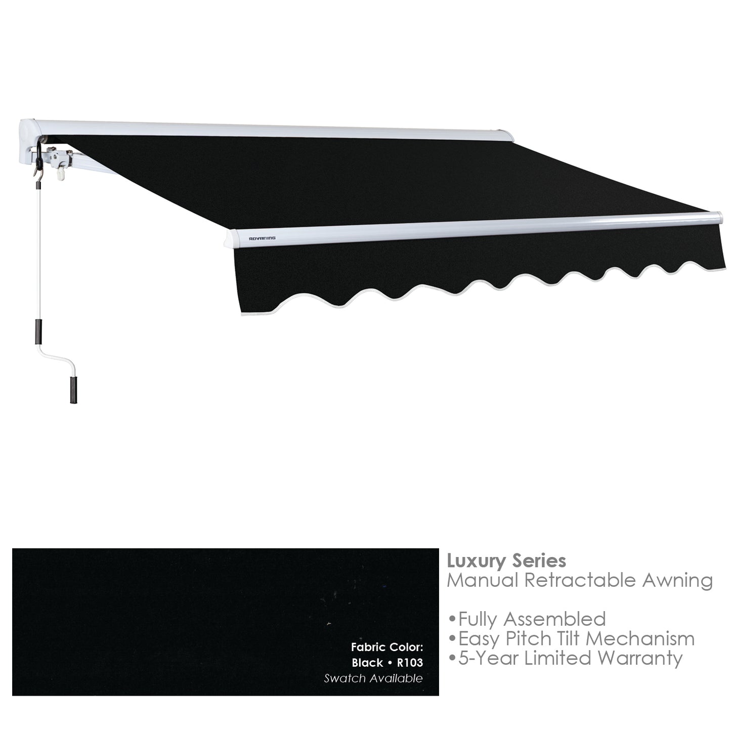 R103 Black retractable awning with white frame on a white background