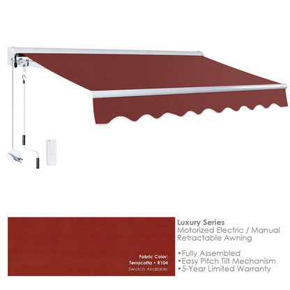 R104 Terracotta Retractable awning with terracotta fabric on a white background