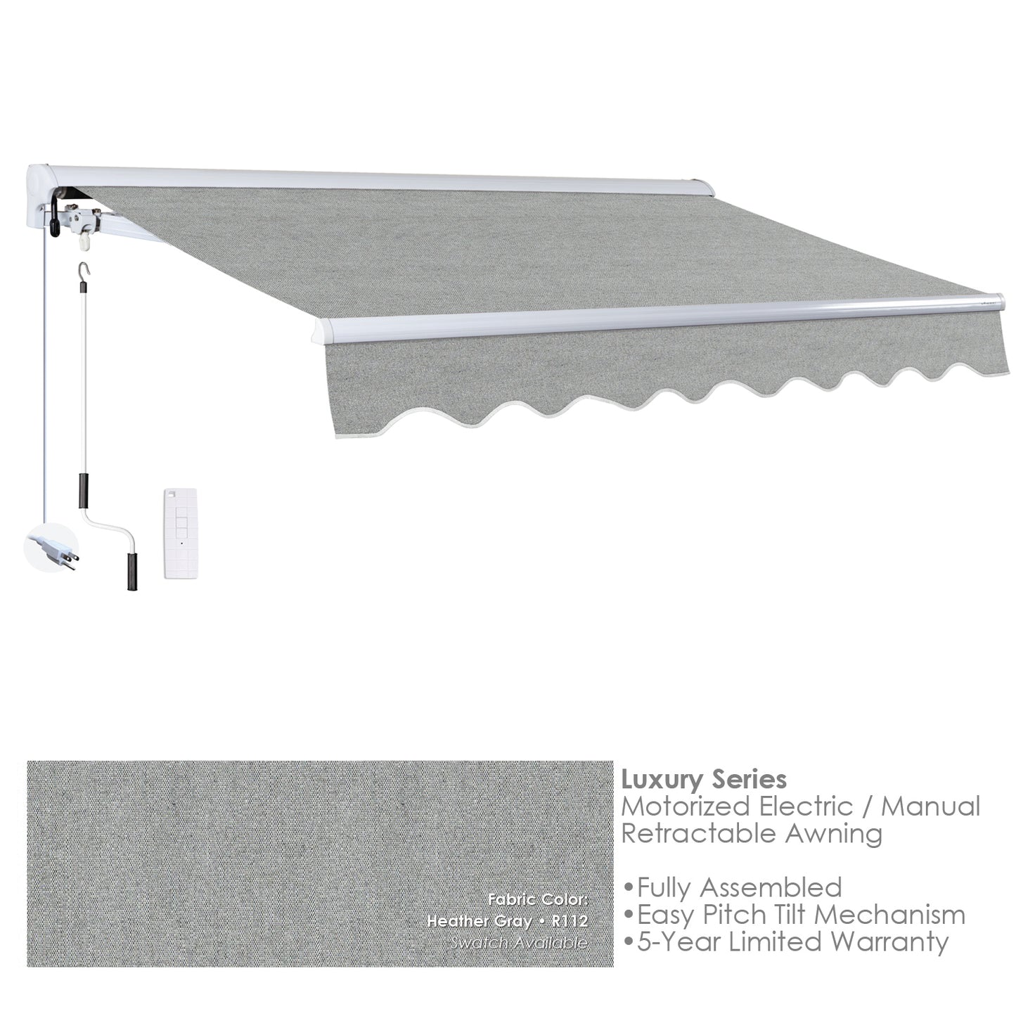 R112 Heather Grey Retractable awning with text detailing features on a white background