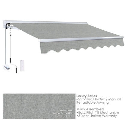 R112 Heather Grey Retractable awning with text detailing features on a white background