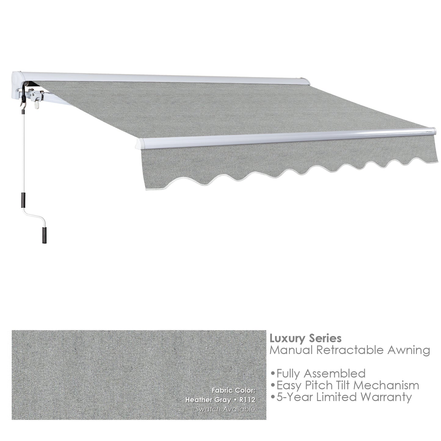 R112 Heather Grey retractable awning with text detailing features on a white background