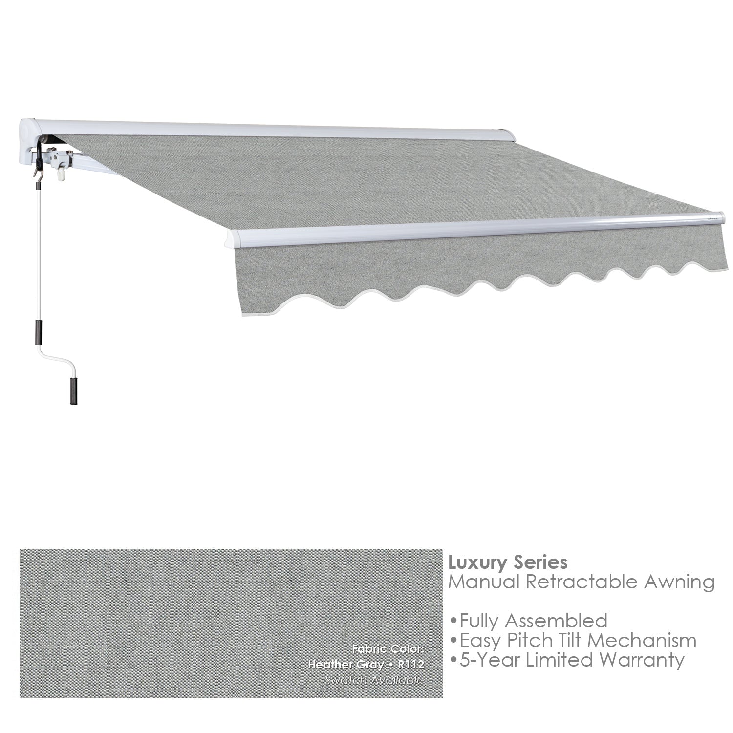 R112 Heather Grey retractable awning with text detailing features on a white background