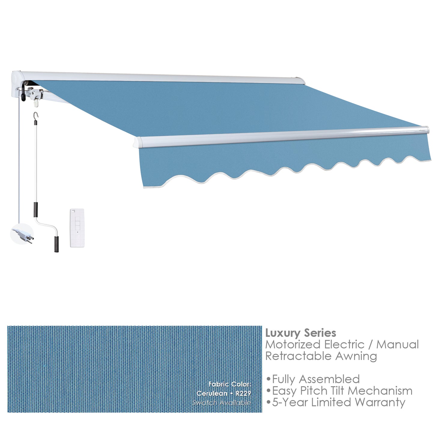 Retractable awning with blue fabric R229 on a white background