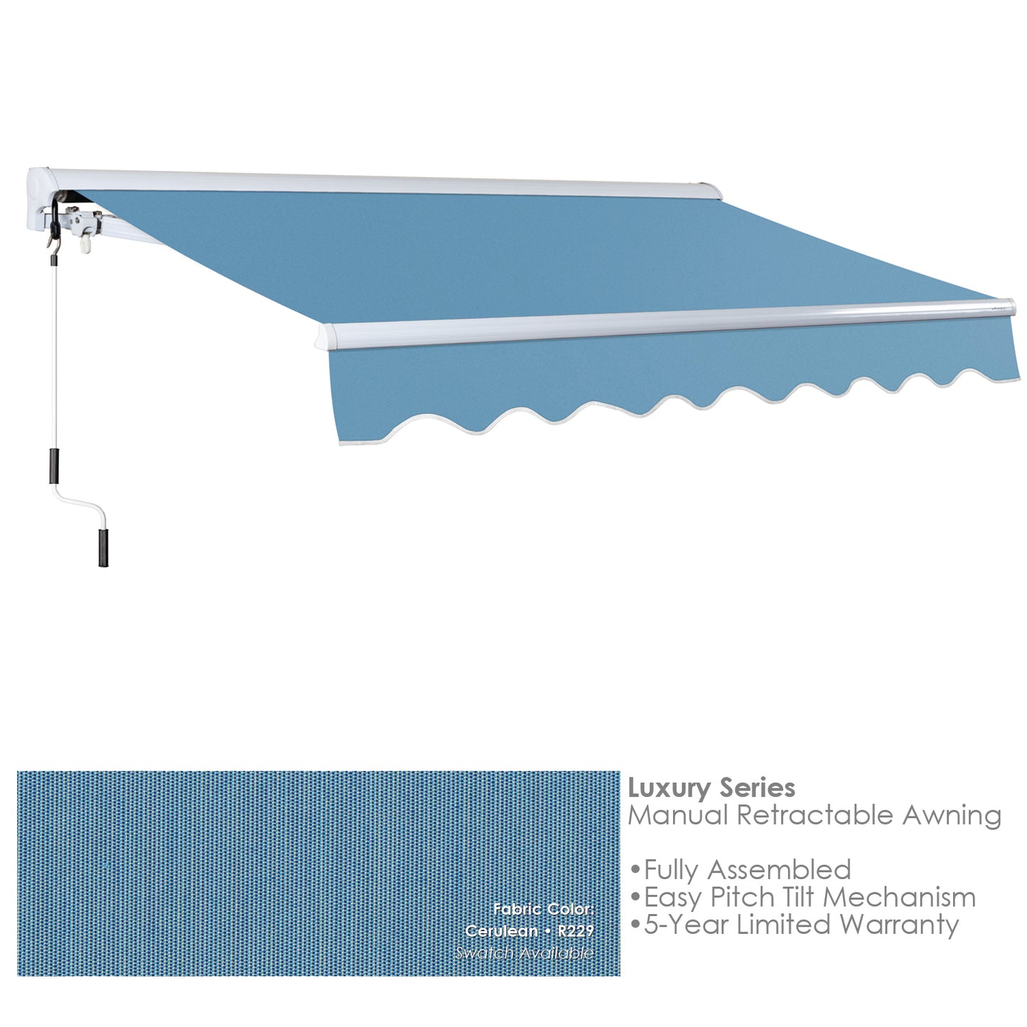 R229 Blue retractable awning with text on a white background