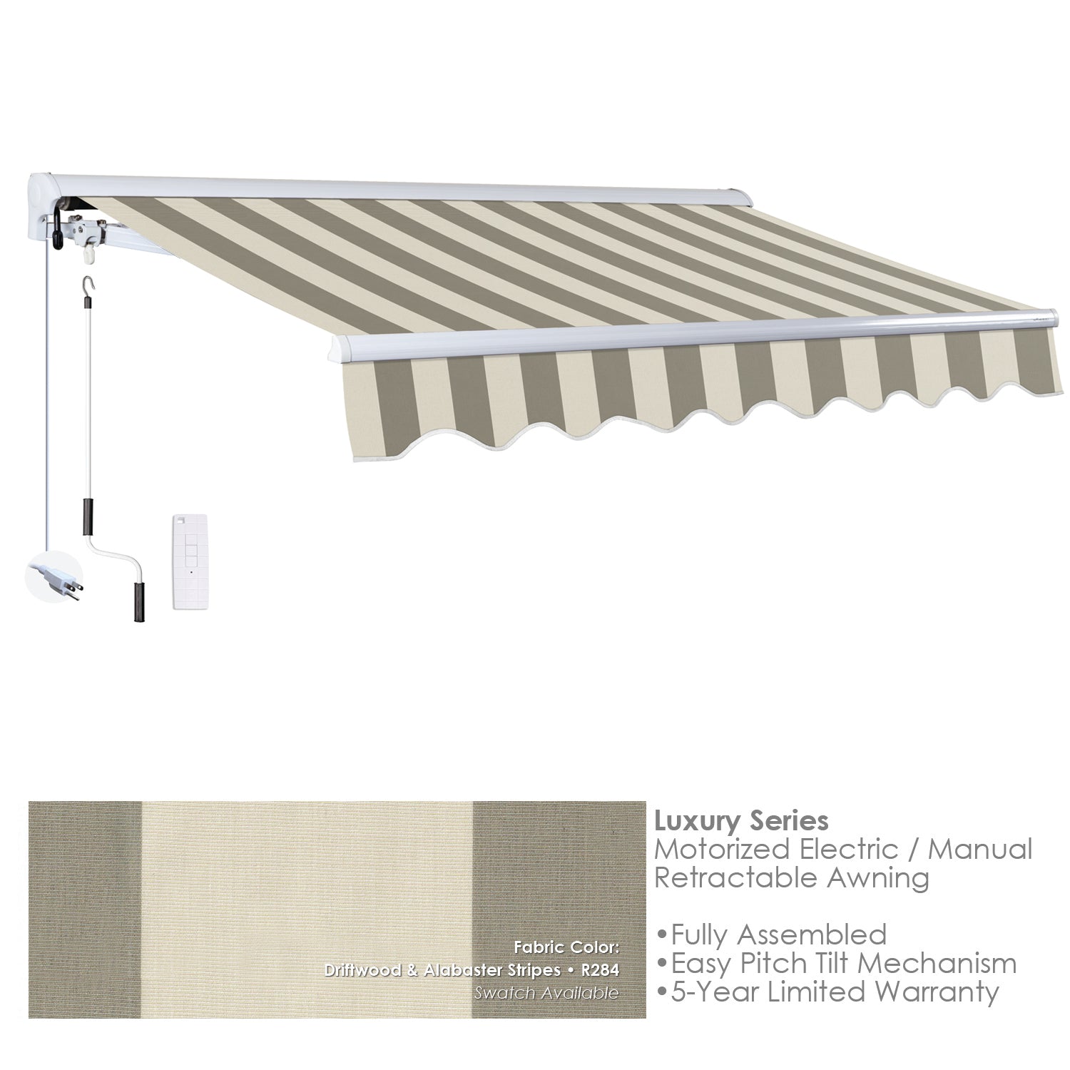Luxury Series
Motorized Electric / Manual Retractable Awning R284