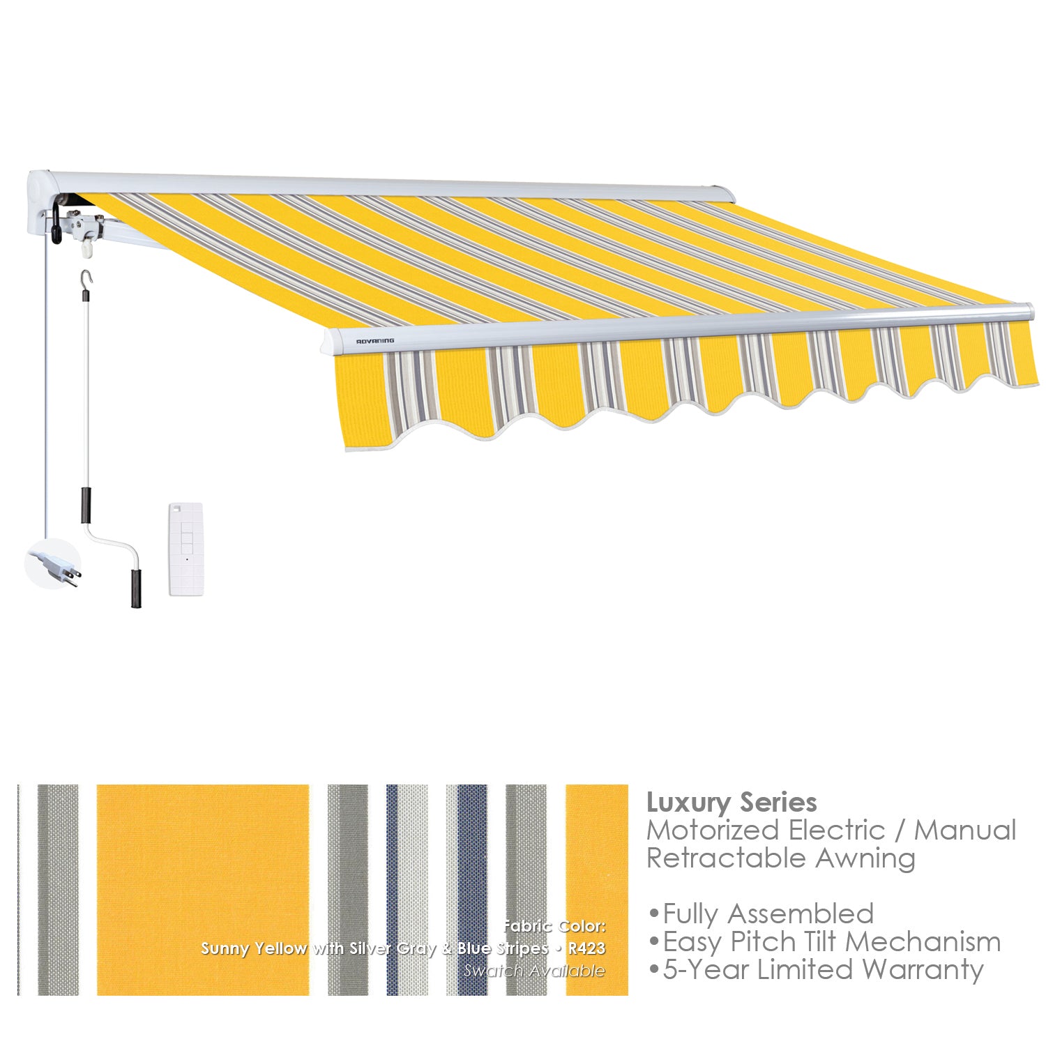 Luxury Series
Motorized Electric / Manual Retractable Awning R423