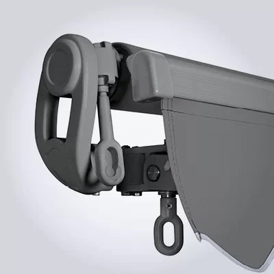 Close-up of a gray mechanical component on a white background
