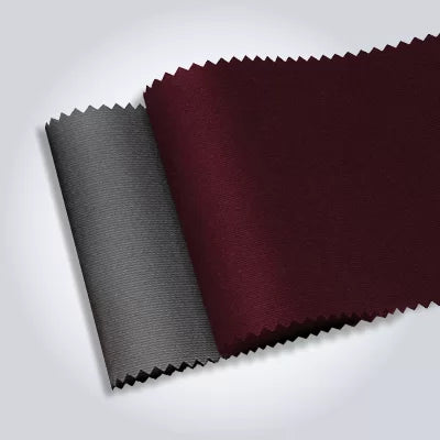 Two fabric swatches, one gray and one burgundy, on a light gray background.