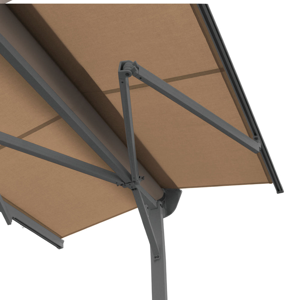 Brown awning with metal bracket on a white background