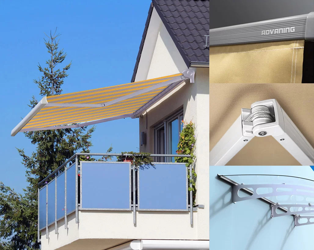Collage of a retractable awning on a balcony with close-up details.
