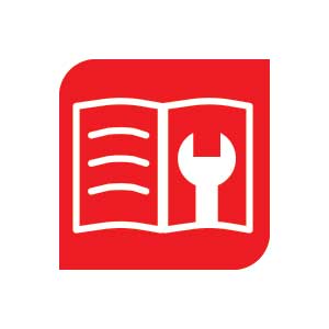 Red square logo with a white open book and wrench icon on a white background