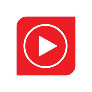 Red square with a white play button in the center on a white background